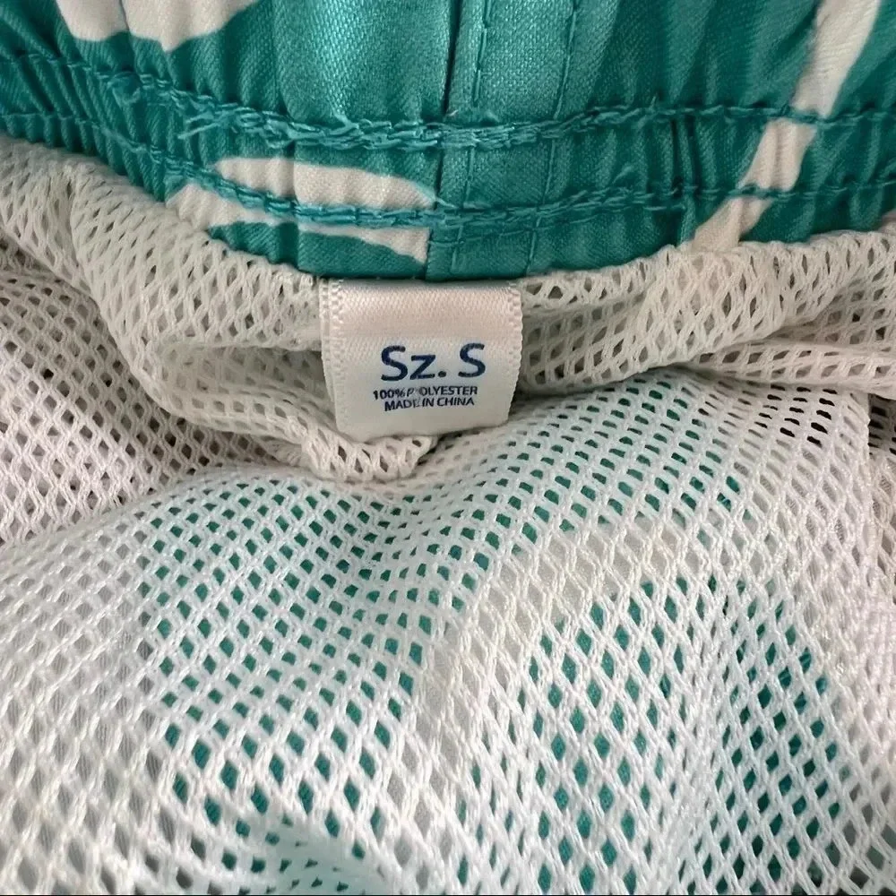 Southern Tide Swim Short Size Small  Wave Pattern Trunk Teal White
